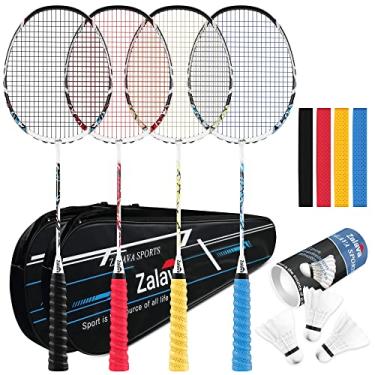 Imagem de Conjunto de raquetes de badminton profissionais leves de raquetes de badminton, conjunto de 4 pacotes de badminton, fibra de carbono, 3 petecas, 2 capas protetoras, 4 overgrip incluídos, para iniciantes e jogadores avançados