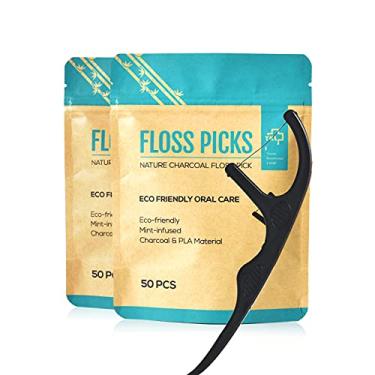 Imagem de Palhetas de fio dental natural - Vegano, ecológico, bambu preto carvão vegetal palito de dentes palito palito de dente para cuidados bucais com um sabor fresco de menta (100 unidades)