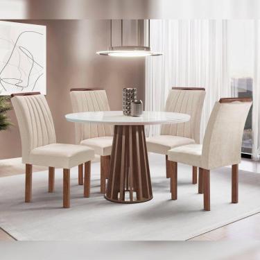 Imagem de Conjunto Mesa Tampo Redondo Plus Vidro Kansas 100cm 4 Cadeiras Arizona Chocolate/Off White/Suede Bege