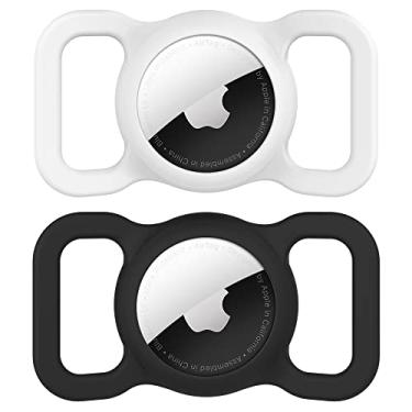 Imagem de Suporte de coleira para cães Airtag, coleira protetora DLENP Air Tag para gatos Airtag, acessórios de rastreamento GPS AirTags, etiquetas de ar com padrão de osso (2 pacotes (preto/branco))