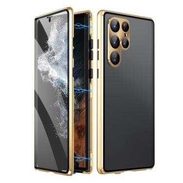 Imagem de PuRoxx Capa fina para Samsung Galaxy S24 Ultra/S24 Plus/S24, capa de telefone de adsorção magnética de dupla face de vidro temperado transparente para-choque de metal, dourado, S24