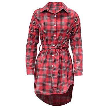 Imagem de Camiseta feminina de inverno outono gola alta chiffon caimento solto cardigã xadrez longo camisa feminina 2024, R-918 Vermelho, G