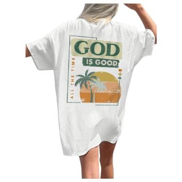 Imagem de SOLY HUX Camiseta feminina de verão com estampa de letras de manga curta e gola redonda, Branco tropical., P