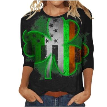 Imagem de Camiseta feminina do Dia de São Patrício com estampa da bandeira irlandesa americana túnica verde manga 3/4, Branco, M