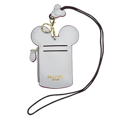 Imagem de BUUFAN Chique bonito viagem couro PU porta-cartão de identificação de estudante cordão pescoço bolsa com carteira de moeda para estudantes escolares mulheres crianças adolescentes meninas (cinza)