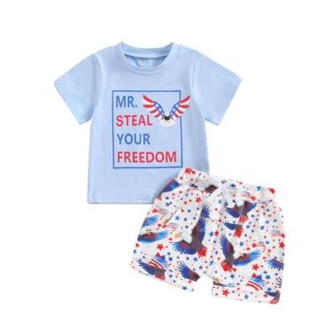 Imagem de BeQeuewll Conjunto de camiseta e shorts de manga curta com estampa de coelhinho de Páscoa para bebês meninos, Azul águia, 3-4 Anos