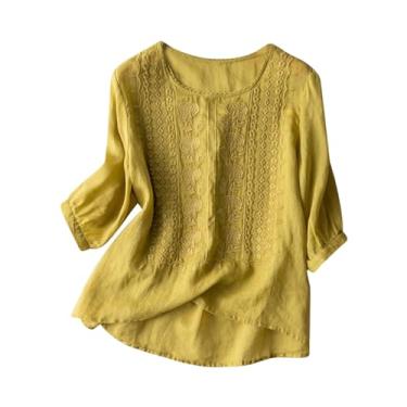 Imagem de Camisas de linho para mulheres, algodão, linho, manga curta, verão, solta, gola redonda, casual, boho, blusa bordada vintage, C#_amarelo, 3G