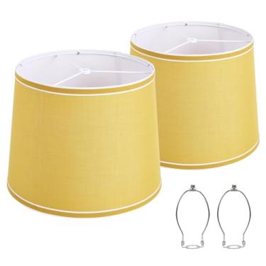 Imagem de Conjunto de 2 abajures, abajures de tambor, abajur de 25 cm de altura, abajures para abajur de mesa, luminária de chão, luz pendente, amarelo e branco, suporte de harpa incluído