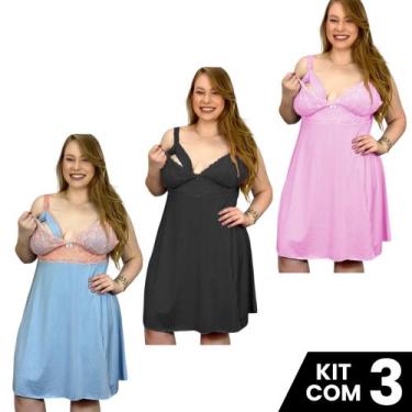 Imagem de Kit 3 Camisolas Amamentação Plus Size Pós Parto Maternidade Tamanho Gr