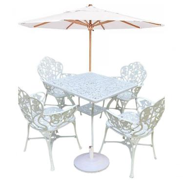 Imagem de Conjunto De Jardim Com Mesa Quadrada 4 Cadeiras E Guarda Sol Branco