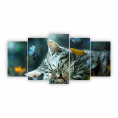 Imagem de Quadro Decorativo Gato deitado e Borboletas Colorido em MDF - PlimShop