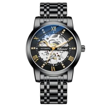 Imagem de Verhux Relógios de pulso masculinos automáticos com corda automática, mecânica, aço inoxidável, dois tons, à prova d'água, aço inoxidável, 8802 relógios masculinos totalmente pretos