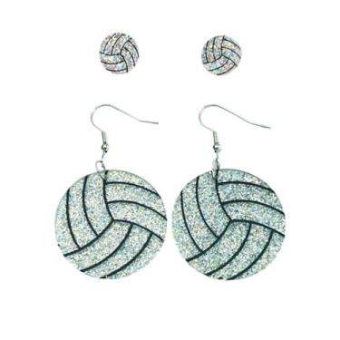 Imagem de Azusa Sun Conjunto de 2 pares de brincos de bola esportiva de acrílico com glitter para mulheres, vôlei, futebol, beisebol, basquete, futebol, jogos, dia de jogo, joias, One size, Acrílico, Sem pedra