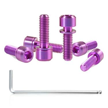 Imagem de SPEEDWOX Conjunto de 6 parafusos de haste de bicicleta com arruelas, liga de titânio, parafusos cônicos hexagonais Allen para peças de haste de bicicleta de estrada, M5 x 16 mm roxo