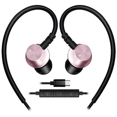 Imagem de Hmusic Fones de ouvido esportivos com fio com microfone, fones de ouvido intra-auriculares USB tipo C com gancho para esportes, corrida, treino, exercícios, academia (rosa)