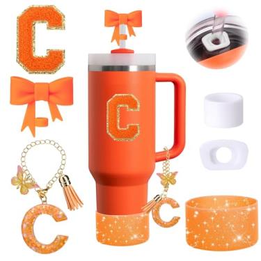 Imagem de Conjunto de 6 peças de acessórios de copo Stanley laranja adequado para Stanley Cup 850.5 g 1,134 g, incluindo tampa à prova de derramamento, bota de silicone brilhante, topo de palha em forma de