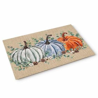 Imagem de Capacho de outono de Ação de Graças, tapete rústico de eucalipto, aquarela, laranja, azul, branco, abóboras, eucalipto, tapete de porta lavável, tapete para entrada, banheiro, cozinha, quarto, 40,64 cm x 60,96 cm