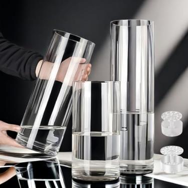 Imagem de 3 vasos cilíndricos de acrílico transparente para centros de mesa, vasos furacões de plástico cilíndricos altos, vasos de flores grandes inquebráveis para buquê de casamento (D 12,2 cm x 20,3 cm + A