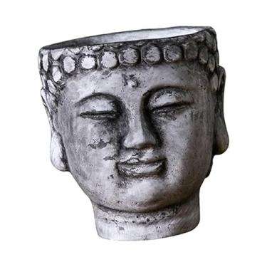 Imagem de Baoblaze Vaso de flores com cabeça de buda, decoração, novidade, vaso de flores, recipiente de plantas para jardim, quintal, mesa central, escritório ao ar, Cinza Pedra