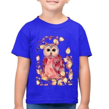 Imagem de Camiseta Algodão Infantil Coruja e Folhas - Foca na Moda, Azul royal, 