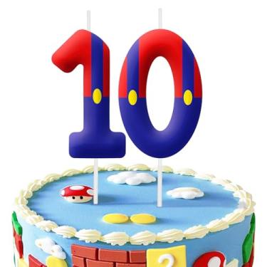 Imagem de Velas com números de aniversário de 10 anos e vermelhas, decorações de bolo número 10 para festas temáticas de jogos de desenho animado, velas de bolo de aniversário para meninos e meninas,