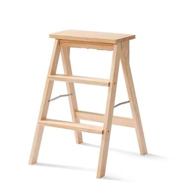 Imagem de Escada dobrável de madeira maciça com 3 degraus, banco de degrau resistente com plataforma alargada, banco dobrável multiuso e antiderrapante, para casa, cozinha, escritório, trabalho doméstico, banco