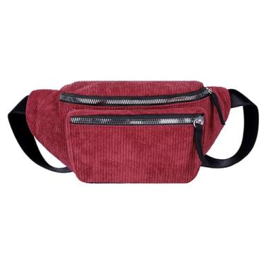 Imagem de eYLun Pochete feminina, casual, de veludo cotelê, bolsa de cintura ajustável, para viagens, caminhadas, corridas, ciclismo, Vermelho, Bolsa de cintura
