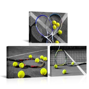 Imagem de KLVOS 3 peças de arte de parede em tela de tênis bola de tênis e raquete na quadra imagens arte preto branco pintura esportiva clube de tênis academia decoração de parede