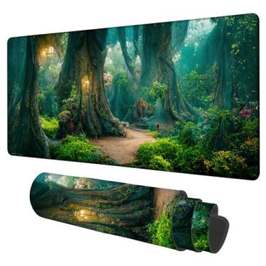 Imagem de NITAHHHY Tapete de mesa de jogos, grande, extra comprimento, floresta misteriosa, mouse pad, teclado, laptop, antiderrapante, impermeável, com base de borracha, borda costurada grossa, tapete de mouse
