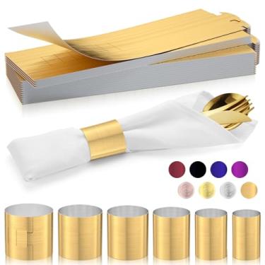 Imagem de ChilStikUni Faixa De Guardanapo Reutilizável Material Polímero, Sem Cola, À Prova Rasgos, Resistente Água E Óleo, Conjunto 100 Faixas (Frente Escovada Dourada Verso Prata), 6 Tamanhos Ajustáveis Ané