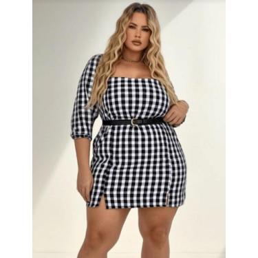 Imagem de Vestido Xadrez Plus Size Curto Manga 3/4 Modelador Ajustável Casual Fe