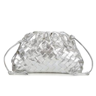 Imagem de BRYCTSISEN Bolsa clutch de tecido para mulheres moderna pequena bolsa quadrada vintage bolsa de couro PU feita à mão, Prata 3, Large