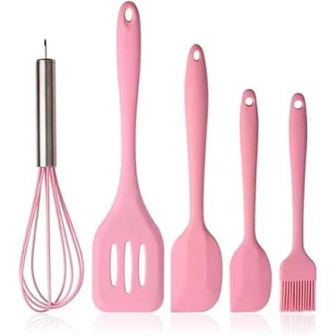 Imagem de Kit Utensilios Cozinha 5 Peças Jogo De Silicone Tamanho Grande Resistente Pincel, Fue Espátula (rosa)