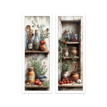 Imagem de Kit 2 Quadros Decorativos, Cozinha Rústica, 18x45 cm, Vidro e Moldura, Estilo Gourmet (Brancas)
