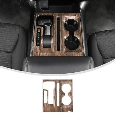 Imagem de Linskip Guarnição do painel de mudança de marchas compatível com Ford F-150 2021 2022 2023 e F250 F350, F150 capa de decoração de porta-copo de mudança de marcha, acessórios internos F150 (padrão de grão de madeira)