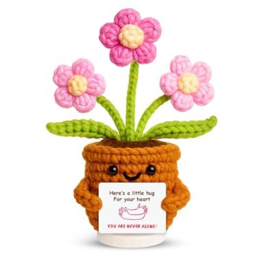 Imagem de penzoos Planta de suporte emocional, flor em vaso de crochê feita à mão com cartão de mensagem inspiradora, decoração de lírio do vale de malha cortada, presente de alívio de estresse para amigos