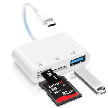Imagem de Leitor de cartão SD USB C para adaptador de iPhone, leitor de cartão de memória 3 em 1, compartimentos duplos com adaptador de câmera USB, adaptador de câmera digital para iPhone 15/16, iPad, Mac