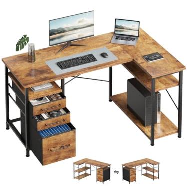 Imagem de Maihail Mesa de computador de 119 cm com gavetas, mesas para quartos, escrivaninha com armazenamento, mesa de trabalho para espaços pequenos, marrom rústico