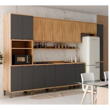 Imagem de Cozinha Modulada Completa 7 Peças 16 Portas com Tampo 385cm 100% Mdf Noruega Espresso Móveis Amêndoa/Cinza