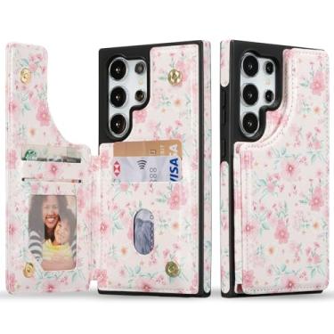 Imagem de ZCDAYE Capa carteira para Samsung Galaxy S23 Ultra com porta-cartões, couro PU fecho magnético duplo suporte moderno feminino capa feminina para Samsung Galaxy S23 Ultra, flores rosa