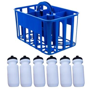 Imagem de Cesta Squeeze com 6 Garrafas Personalizada | Cesta para Times de Futebol, Treinos e Campeonatos | Brinde Esportivo (Cesta Azul+Garrafa Branca)