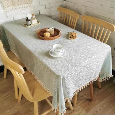 Imagem de Wuluwala Toalha de mesa rústica verde sálvia com textura de folha de borla bordada de renda vazada decorativa para festa de jantar na cozinha 140 cm x 180 cm