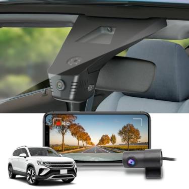 Imagem de Fitcamx Câmera frontal 2160p + traseira 1080P para VW Taos 2022 2023 2024 2025 S SE Preto SEL (HD2-D5100), visual OEM, vídeo HD duplo, Wi-Fi e aplicativo, gravação em loop, sensor de estacionamento