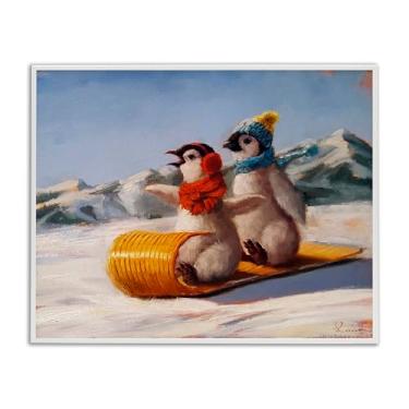 Imagem de Stupell Industries Toboggan Sleigh Ride Pinguins Branco Emoldurado Giclee Art Design por Lucia Heffernan, 28 x 35 cm