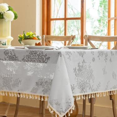 Imagem de KAIJIE Toalha de mesa de material de poliéster, design de renda vazada, decoração retangular, toalha de mesa jacquard para cozinha, sala de jantar, restaurante 140 x 240 cm