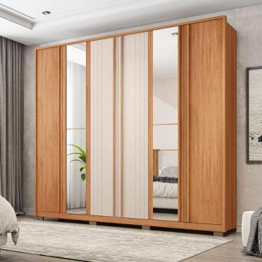 Imagem de Guarda Roupa Casal Nilus 6 Portas com 2 Espelhos 4 Gavetas Ripado MDP 