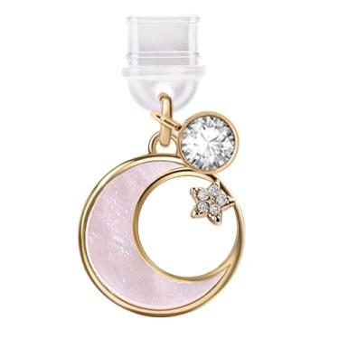 Imagem de ELISE & FONDA TP817 Tipo-C porta de carregamento cristal antipoeira pequeno pingente de celular lua e estrela de cristal para iPhone 15/16/Samsung/OnePlus/Xiaomi/oppo telefones Android (branco)