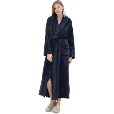 Imagem de Roupas Para Casa Estampas Florais De Pelúcia Spa Roupão De Banho Longo Roupões De Banho Para Mulheres Pijamas De Flanela Cintura Homewear W Bolsos Camisola Pijamas Gravata Slim Fit, Navy-1, L