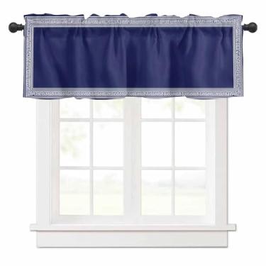 Imagem de Cortina azul marinho para janelas de cozinha, cortina branca Grécia Key Art Tier Cortina geométrica arte abstrata tratamento de janela sanefas para quarto/sala de estar/banheiro, 106 x 45 cm