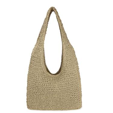 Imagem de Bolsa feminina grande de palha para praia feita à mão, bolsa Hobo, bolsa de mão para o verão, Cáqui claro, One Size
